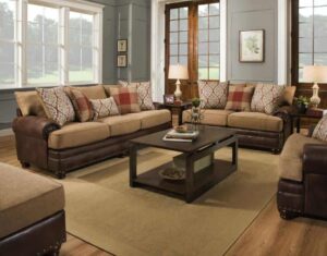 Textures and prints meet in the Yellowstone Chocolate Sofa Set, giving you a rustic feel no matter where you are. The leather base is the perfect contrast.