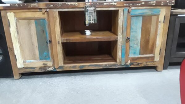 blue finish reclaimed wood tv stand console rustic